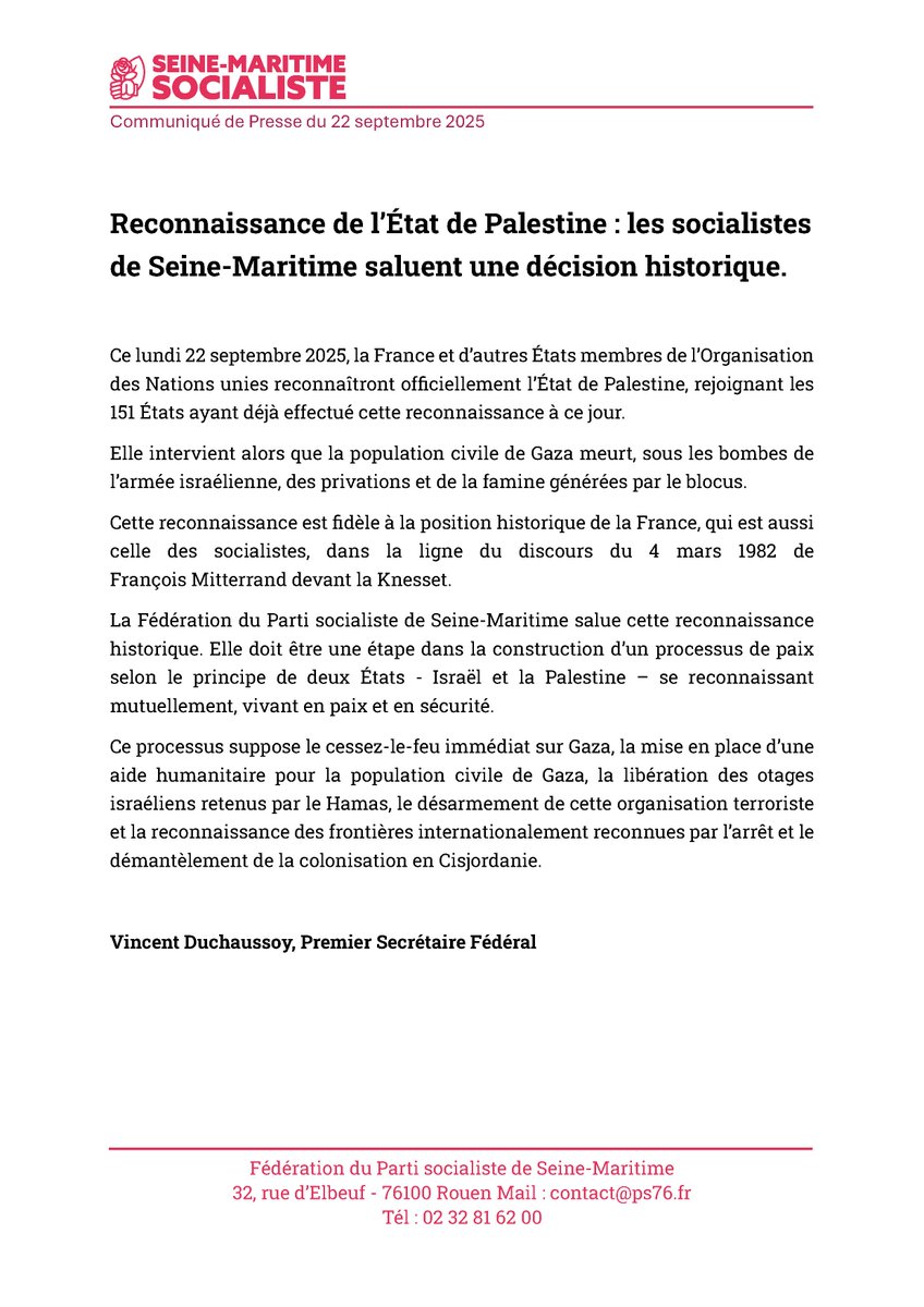Reconnaissance de l’État de #Palestine : les socialistes de Seine-Maritime saluent une décision historique.

(...) Elle doit être une étape dans la construction d’un processus de paix selon le principe de deux États se reconnaissant mutuellement, vivant en paix et en sécurité.🕊️