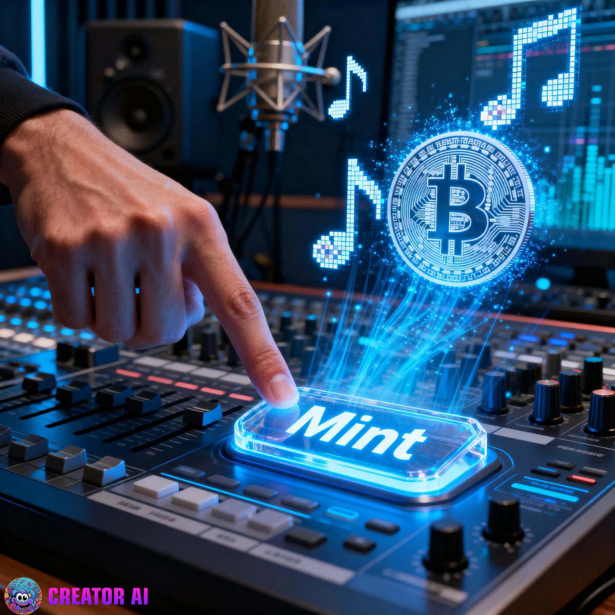 Creator_AI1's tweet image. Want to make your tunes into NFTs? 
🎧 #CreatorAI&apos;s one-click mint is here! Just upload your AI-generated music and quickly mint it as a digital asset, automatically receiving royalties. 
Fire up your creative engine and let every note maximize its value!