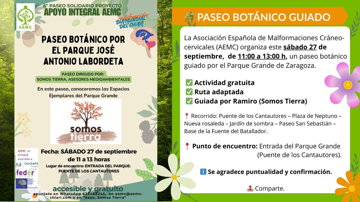 chiari13's tweet photo. 🌿 Paseo botánico en el Parque Grande (Zgz)
📅 Sábado 27/09 | 🕚 11-13h
✅ Gratis y adaptado
¡Ven a descubrir la naturaleza con AEMC y SomosTierra!
📤 Comparte
#Chiari #MesChiari #ConcienciaciónChiari #Zaragoza #ParqueGrande #PaseoBotánico #Naturaleza #RutaAdaptada https://t.co/3X2Hn1dmbA