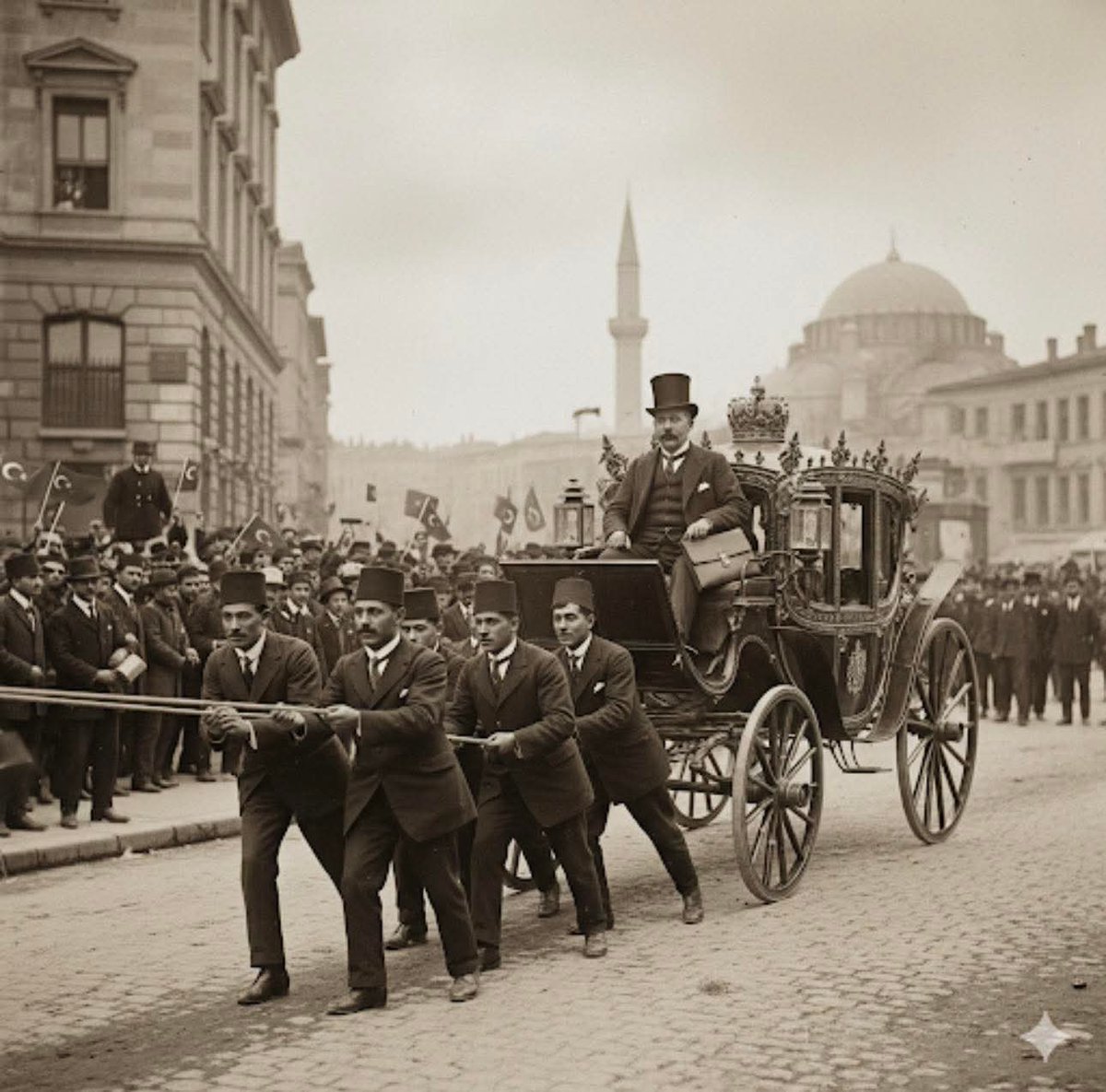 1909 yılında İngiliz elçinin at arabasına beygirlik yapan CHP lilerin ataları Jön Türkler.