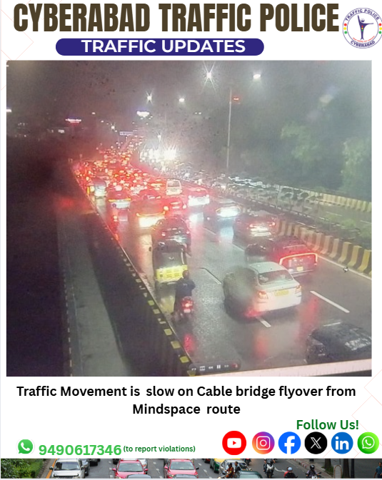 CYBTRAFFIC's tweet photo. 🚦 Traffic Update – Cable Bridge Flyover (Traffic inflow)🚦
Traffic movement is slow on Cable Bridge Flyover from Mindspace route.
Commuters are advised to drive cautiously and plan extra travel time.
#CyberabadTraffic #TrafficUpdate #CableBridge #Mindspace #DriveSafe #TrafficAlert