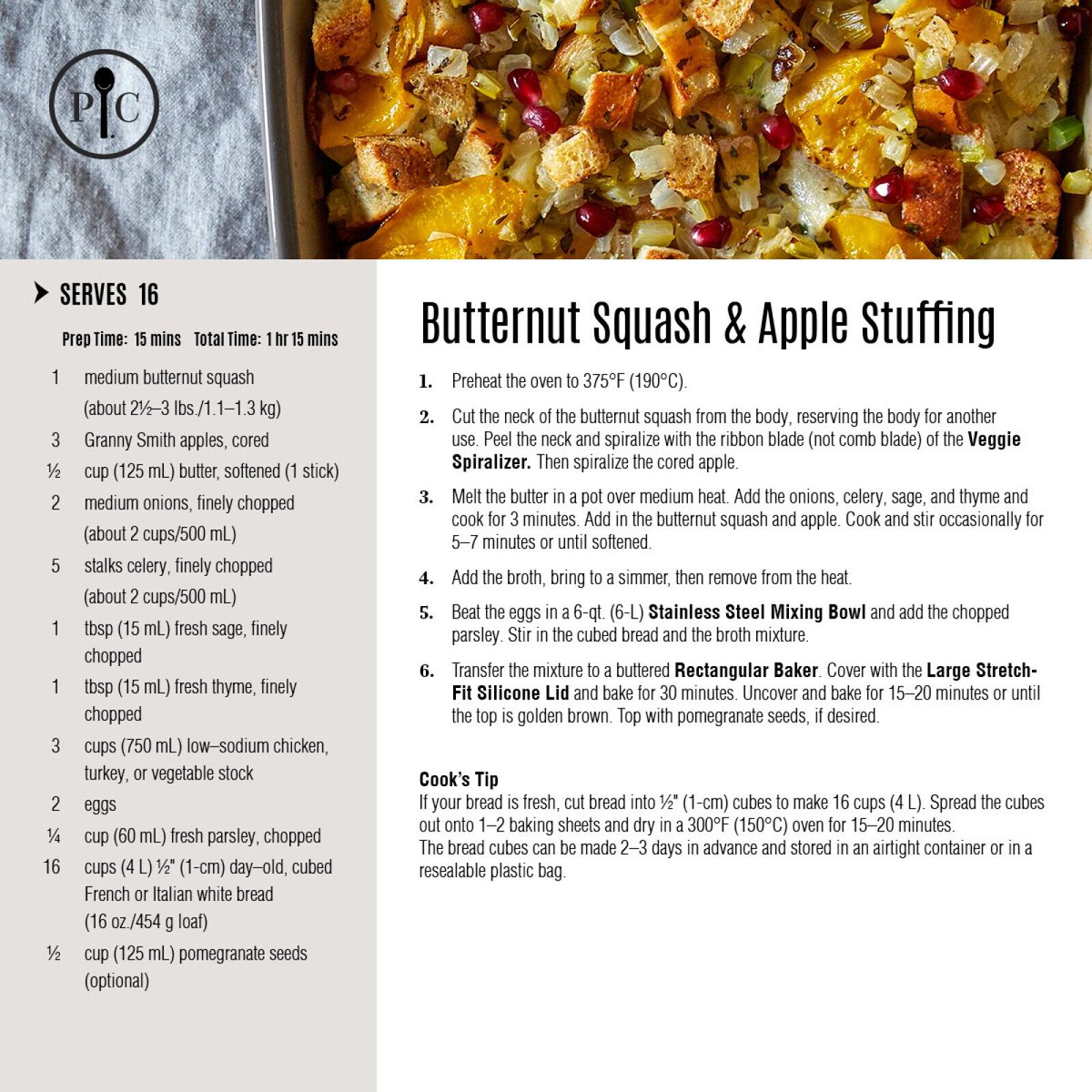 This Butternut Squash &amp; Apple Stuffing combines sweet squash, tart Granny Smith apples, onions, herbs, and golden bread cubes for the ultimate holiday side dish. Topped with pomegranate seeds for a festive finish!

✔️ Serves a crowd (16)
✔️ Prep in 15 mins, bake to golden