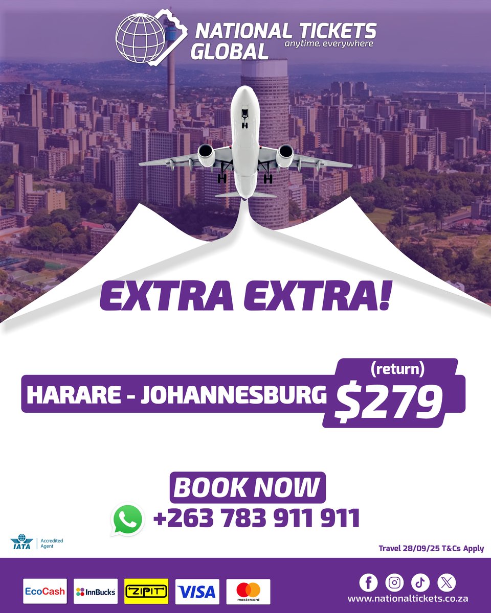 NatticksZim's tweet photo. EXTRA, EXTRA! 🔊🔊
Check out our featured routes to Joburg, Dar and Lusaka and find your perfect flight. Book your ticket easily on WhatsApp: +263783911611 / +263786900600
#ExtraExtra #bookwithus #hararetojoburgflight #hararelusakaflight #daressalaamflights #booknow #easybookings https://t.co/INQzSRYgIB