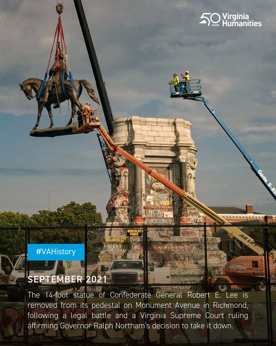 VAHumanities's tweet image. Four years ago, the statue of Robert E. Lee was removed from its pedestal on Monument Ave in #RVA, following a legal battle and a Virginia Supreme Court ruling affirming Gov. Northam’s decision to take it down. #Virginia #Humanities #VAHumanities50