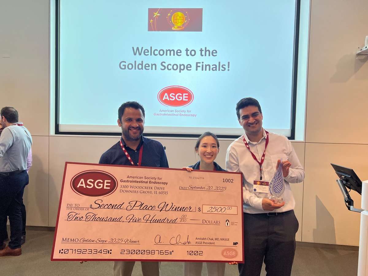 ASGEendoscopy's tweet image. Congratulations the 2025 #GoldenScope winners! They competed in the semi-finals this past weekend at ASGE IT&amp;amp;T, beating 65 teams. Way to go! Pictured in order: 1st place: Singapore General Hospital, 2nd place: Baylor College of Medicine &amp;amp; 3rd place: Cleveland Clinic. #GIFellows