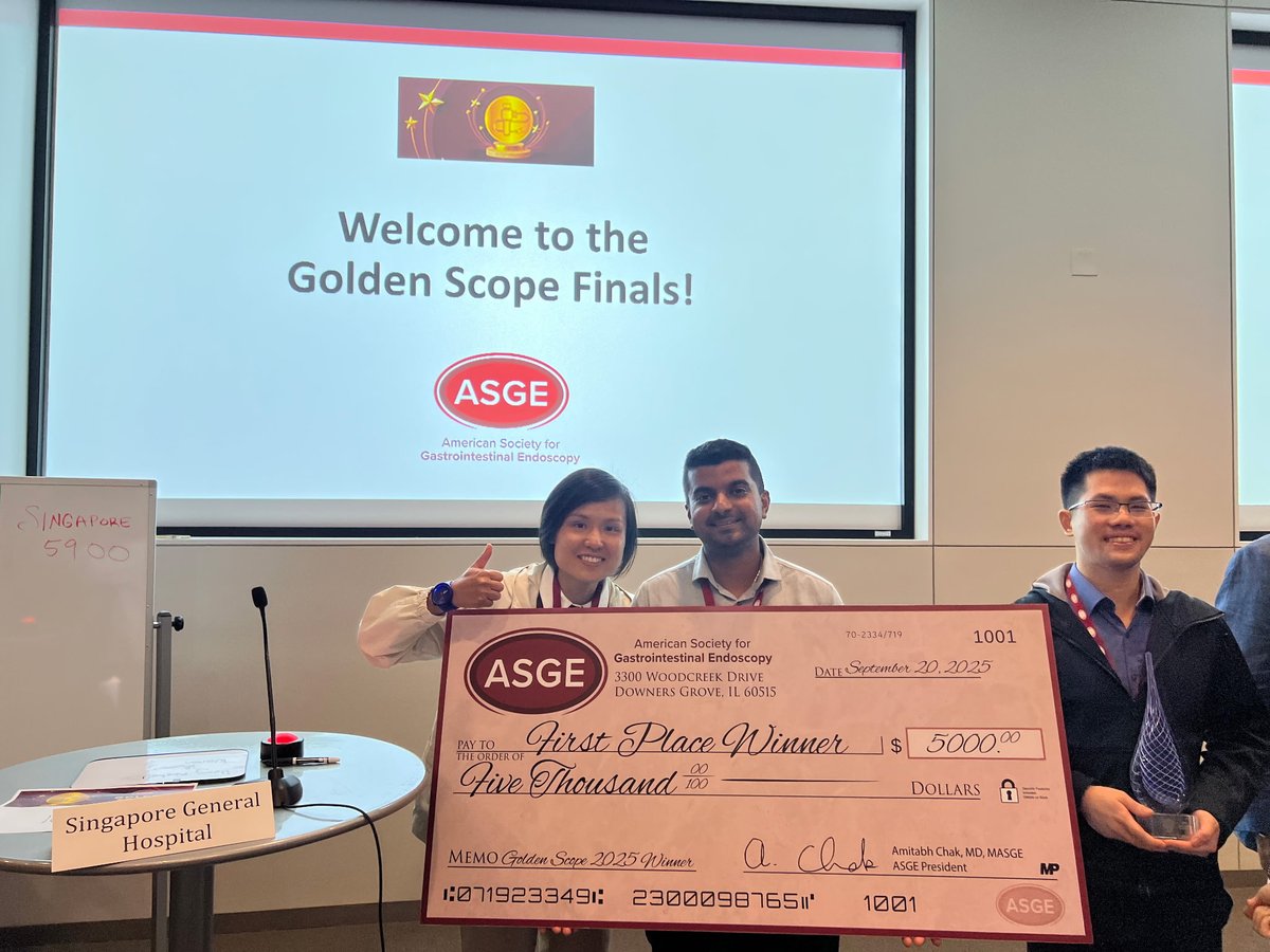 ASGEendoscopy's tweet image. Congratulations the 2025 #GoldenScope winners! They competed in the semi-finals this past weekend at ASGE IT&amp;amp;T, beating 65 teams. Way to go! Pictured in order: 1st place: Singapore General Hospital, 2nd place: Baylor College of Medicine &amp;amp; 3rd place: Cleveland Clinic. #GIFellows