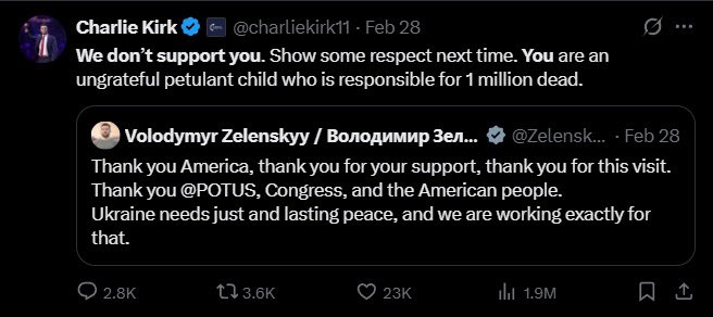 I remember when Charlie Kirk peddled Russian propaganda to facilitate their genocide of Ukrainian women and children. He absolutely knew that he was lying in this ridiculous statement. This is how I will remember him. A reprehensible person who was a traitor to American values.