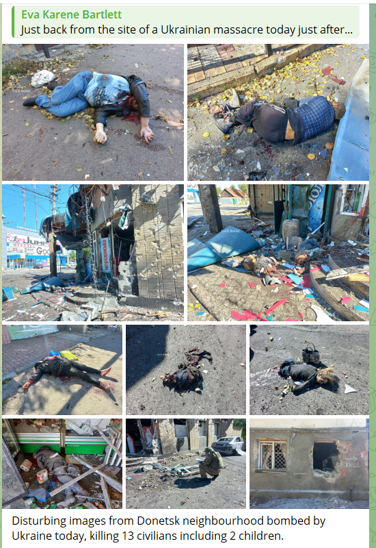 EvaKBartlett's tweet photo. I've compiled on my Substack a number of videos I made based on footage I took in the Donbass under Ukrainian fire throughout 2022, but also some videos I filmed in 2019 & 2023. 

They show the hell that Donbass civilians endure under Ukrainian shelling. For the full list of my videos, see the end of this Substack post.

*Warning: the footage & photos are graphic

Whitewashed by Western legacy media, these crimes aren't shown to people in the West, unless they follow courageous Russian journalists based in the Donbass, or foreign journalists who actually go there and spend time there.

The Ukrainian side has resorted to staging alleged atrocities to incriminate Russia. But in the Donbass under Ukrainian fire, there is no need to stage anything, the residents have been living with Ukraine's terrorism since 2014. 

https://t.co/XzwUi2fMxW