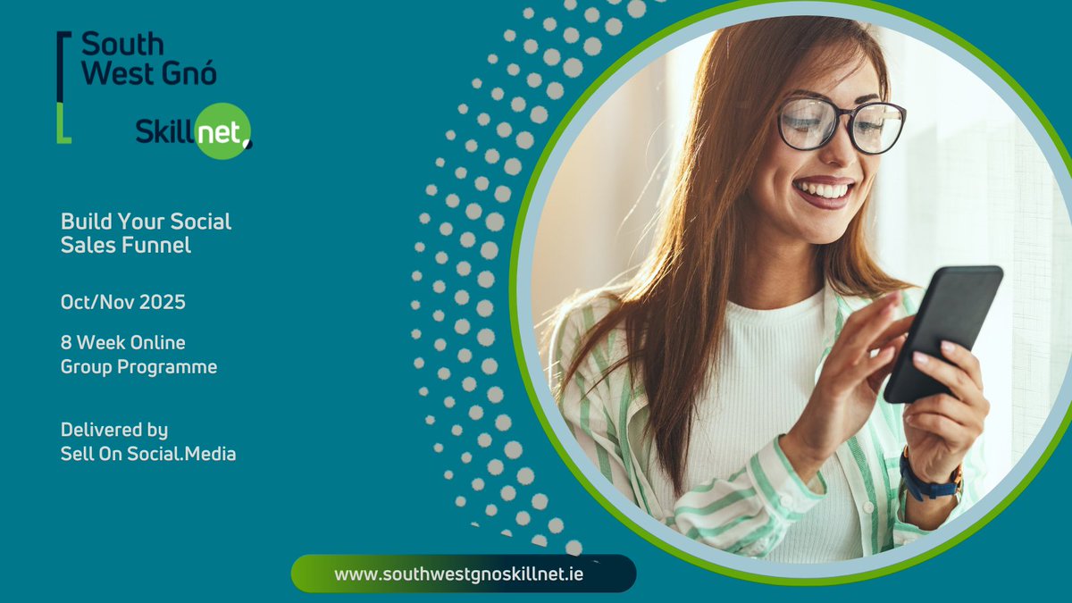 SWGSKILLNET's tweet image. Want consistent clients from social media?
Join our 8-week online programme: Build Your Social Sales Funnel
💻 Live on Zoom | Oct–Nov 2025
💶 €1,700 | €1,000 for SWG Skillnet Members
📩 info@southwestgno.com
🌐 southwestgnoskillnet.ie
#SocialSelling #SalesFunnel