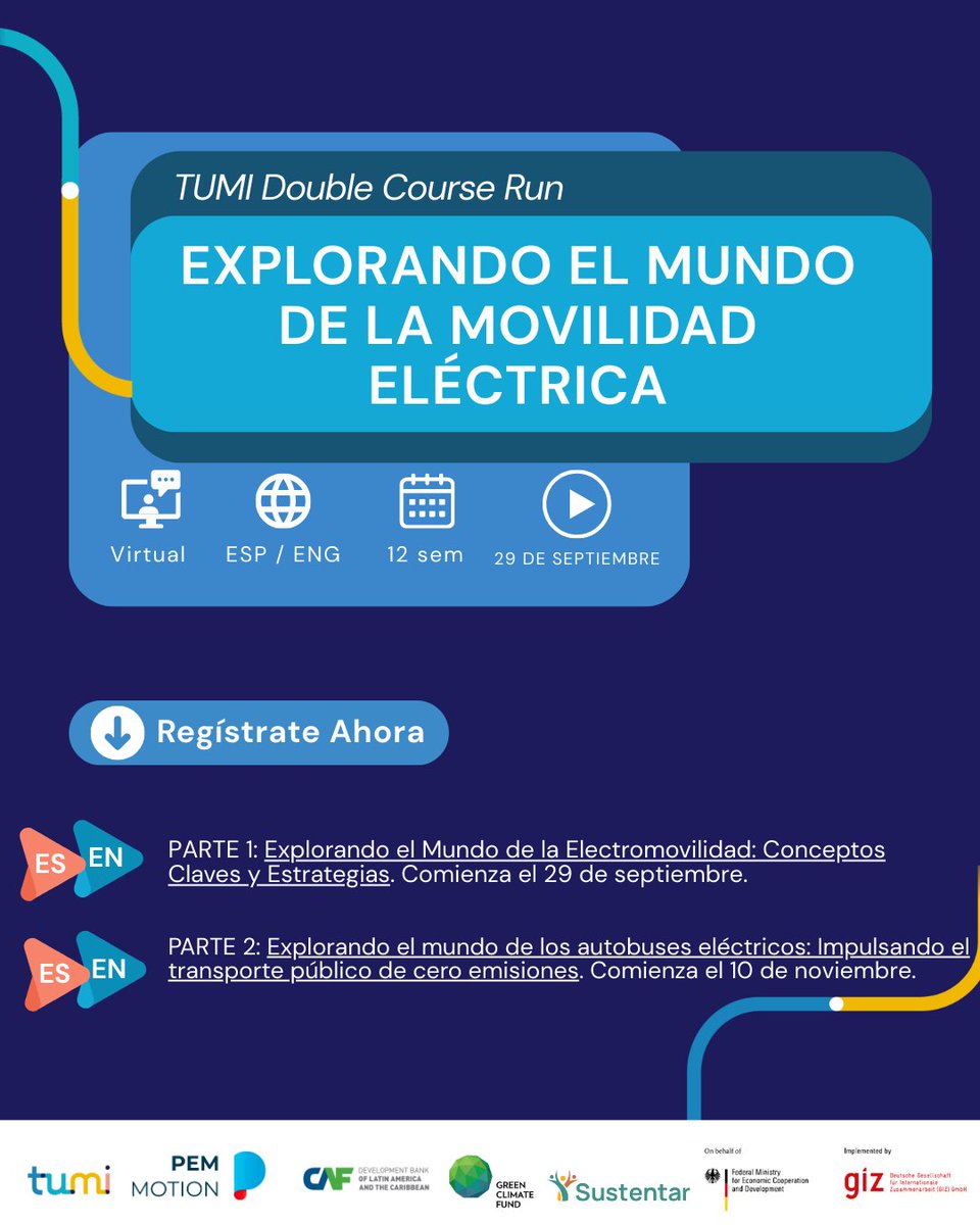 🔌 Explorando el Mundo de la Movilidad Eléctrica. 
▶️Double Course Run◀️

🌐 Virtual. 
🌍 ESP/ENG
🆓 Gratis, interactivo y a tu propio ritmo.

👉 ¡Inscribite ahora!
Parte 1:  transformative-mobility.org/training/explo…
Parte 2:  transformative-mobility.org/training/explo…