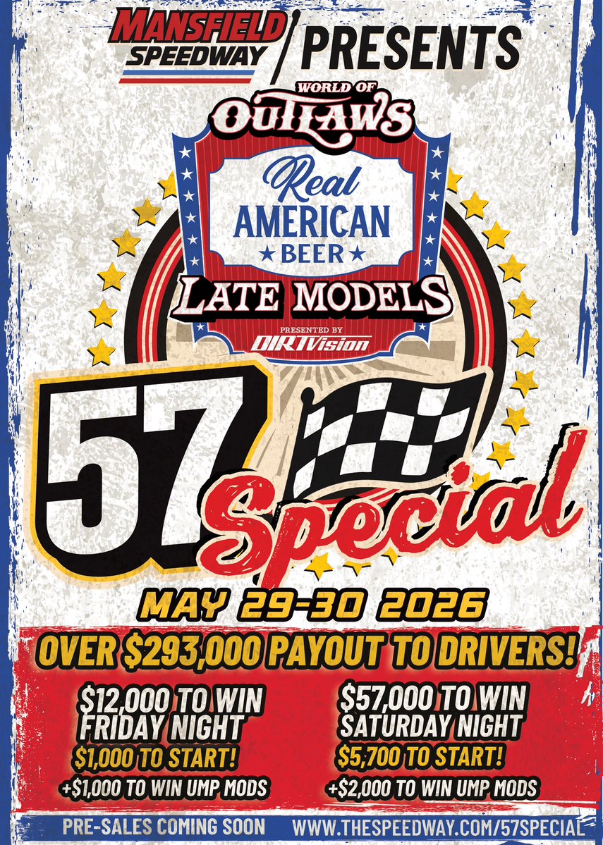 matt_tifft's tweet image. 🔥Breaking news! 🔥

Book your calendars for May 29-30 2026 for our @WoOLateModels “57 Special”! The best drivers in the country, coming to the biggest track renovation in the country! Huge payouts with some of the biggest starting money in late model competition. We can’t wait…