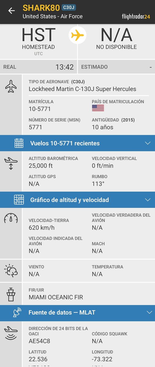 Arrest_Maduro's tweet photo. ๐บ๐ฒU.S. Air Force C-130J Super Hercules, reg. 10-5771, hex #AE54C8, cรณdigo de llamada SHARK80, procedente de Homestead ARB, con rumbo sureste. https://t.co/sI4etvGln9