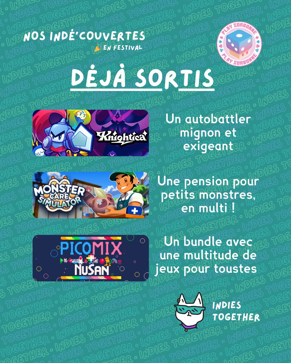Indies2gether's tweet photo. 🔴 @Mah_dit_douce et @UmbarMina vous présentent les jeux qui ont attiré leur attention lors de la Play Sorbonne Fest du 20 septembre ! 🎮

KNIGHTICA
MONSTER CARE SIMULATOR
PICOMIX by NUSAN
DREADFUL DEFENDERS
LAVALOOP
CHYSS
MONOLITH'S DREAMERS

@PlaySorbonneU #indiegames https://t.co/L5bShZMiLJ