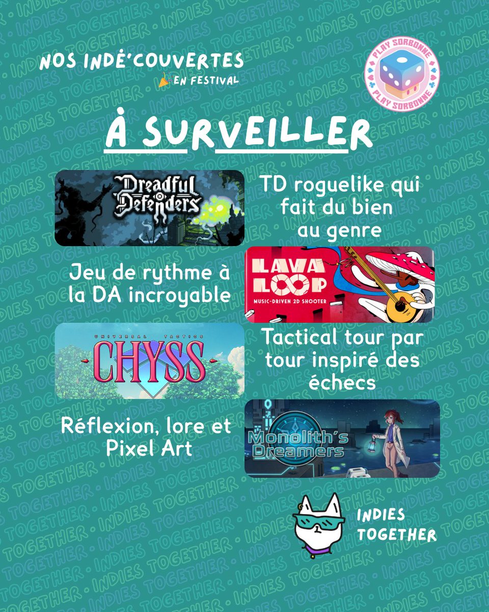 Indies2gether's tweet photo. 🔴 @Mah_dit_douce et @UmbarMina vous présentent les jeux qui ont attiré leur attention lors de la Play Sorbonne Fest du 20 septembre ! 🎮

KNIGHTICA
MONSTER CARE SIMULATOR
PICOMIX by NUSAN
DREADFUL DEFENDERS
LAVALOOP
CHYSS
MONOLITH'S DREAMERS

@PlaySorbonneU #indiegames https://t.co/L5bShZMiLJ