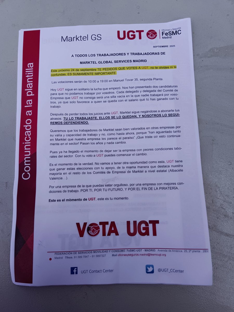 Marktel_Eleccio's tweet photo. Es la oportunidad después de 16 años 
Compañeros o listas de estructura.

Vota UGT.
No te dejes engañar por las promesas de tu jefe , que va en CSIF o Fetico. Nunca te dieron nada, no te lo van a dar ahora tampoco. https://t.co/bQfuaSVSiI