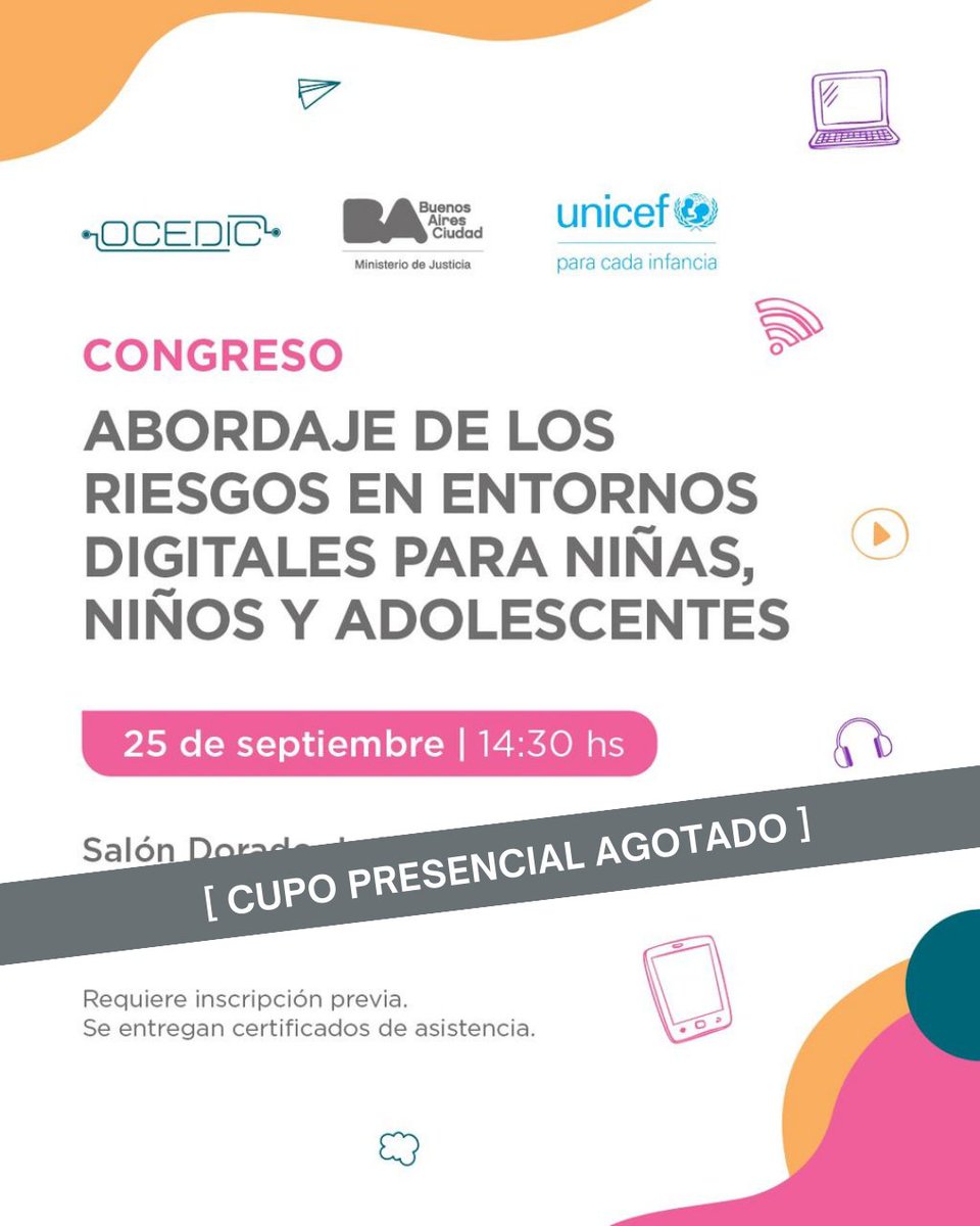 ¡Cupo presencial completo para el "Congreso sobre Abordaje de los riesgos en entornos digitales para niñas, niños y adolescentes"! 👉 Abrimos una modalidad virtual que les permitirá seguir el evento en vivo y sumar herramientas clave desde donde estén. forms.gle/GjxJTbbPMkZAmx…