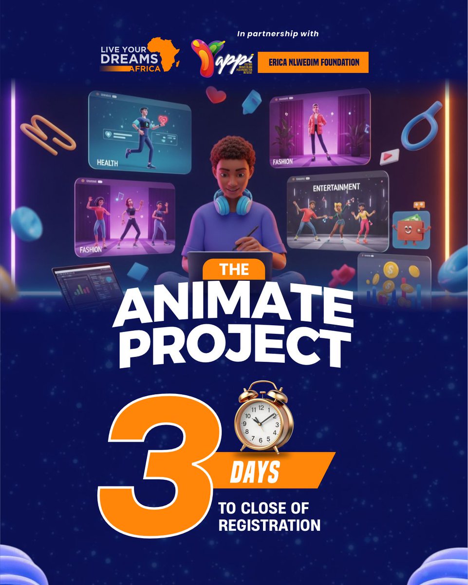 LYDAfrica's tweet image. Tick-tock! Tick-tock… the countdown is ON! 

Registration for The Animate Project wrap up in just 3 days.

Don’t overthink it. Don’t sleep on it. Just click the link in bio and lock in your spot NOW. 

#AnimateProject #LYDAfrica #Animation #VideoEditing #DigitalSkills