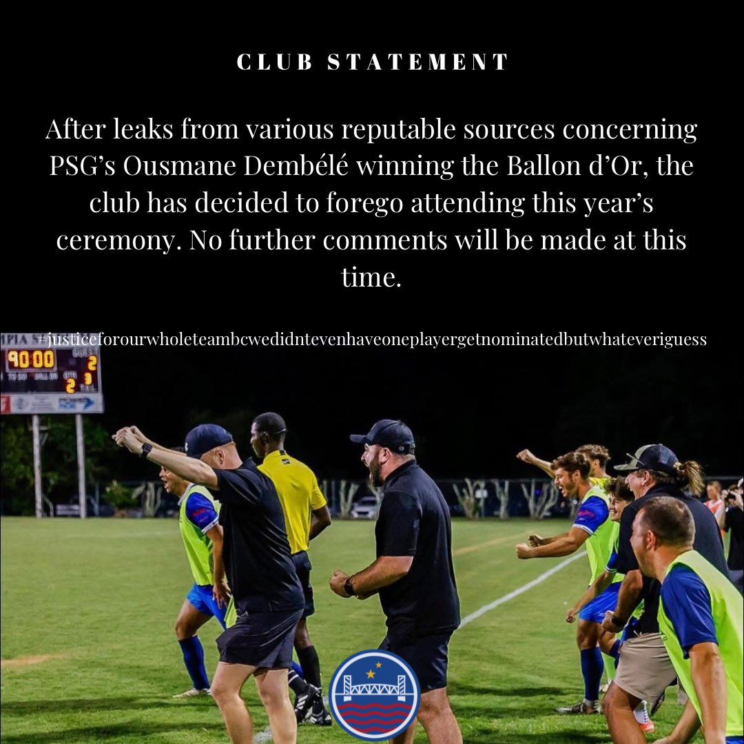 cenlafc's tweet image. A (fun)official statement from the club regarding this year’s Ballon d’Or leaks.

We’re showing our solidarity with Real Madrid and not attending the event, just because one of our own didn’t win it. 🫠