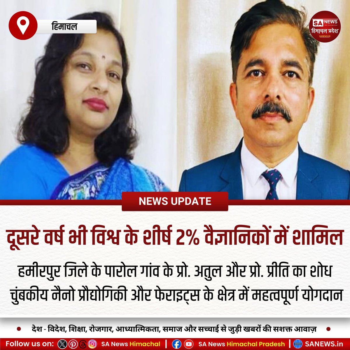 sanewshimachal's tweet image. हिमाचल के तीन वैज्ञानिकों ने इतिहास रचा। प्रो. अतुल ठाकुर, प्रो. प्रीति ठाकुर और डॉ. करण वीर को स्टैनफोर्ड यूनिवर्सिटी-एल्सेवियर की 2025 रैंकिंग में विश्व के शीर्ष 2% वैज्ञानिकों की सूची में स्थान मिला।

#HimachalScientists #StanfordUniversity #GlobalRecognition #himachal