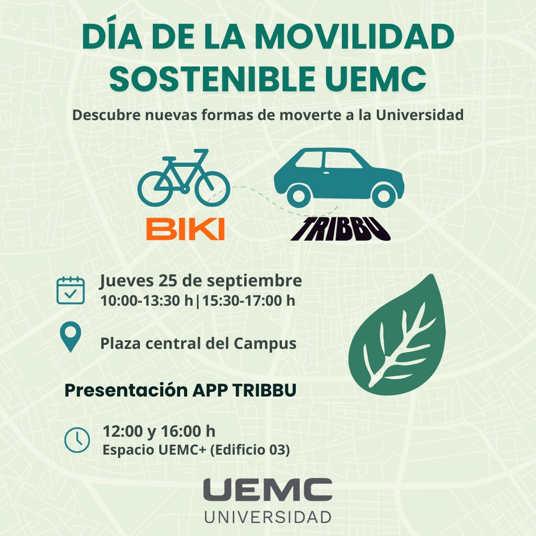 UEMC's tweet photo. │🛣️Desplazamientos│Este jueves celebramos el Día de la #MovilidadSostenibleUEMC🌱 Una jornada para descubrir alternativas de transporte más responsables con el entorno, con los estands de @BikiVLL 🚲 y #TRIBBU 🚗
Descubre todo lo que hemos preparado ⬇️
https://t.co/shcgO9ZSrM https://t.co/Ktd0gyA87O