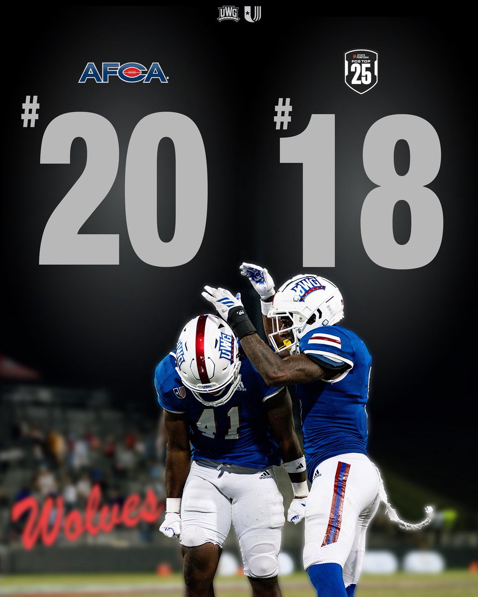 West Georgia Football (@uwgfootball) on Twitter photo KEEP. ON. CLIMBING. 
For the first time in the Division I era, your Wolves crack into the AFCA Poll at #20 and up to #18 in the Stats Perform Media Poll. 
#BuiltForMore KEEP. ON. CLIMBING. 
For the first time in the Division I era, your Wolves crack into the AFCA Poll at #20 and up to #18 in the Stats Perform Media Poll. 
#BuiltForMore