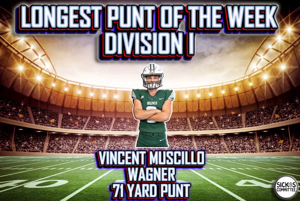 CONGRATS TO <a href="/VJMuscillo/">Vincent Muscillo</a> OF <a href="/Wagner_Football/">Wagner College Football</a> FOR THE LONGEST PUNT OF THE WEEK IN DIVISION I!! A 71 YARD BOOT 🥾!