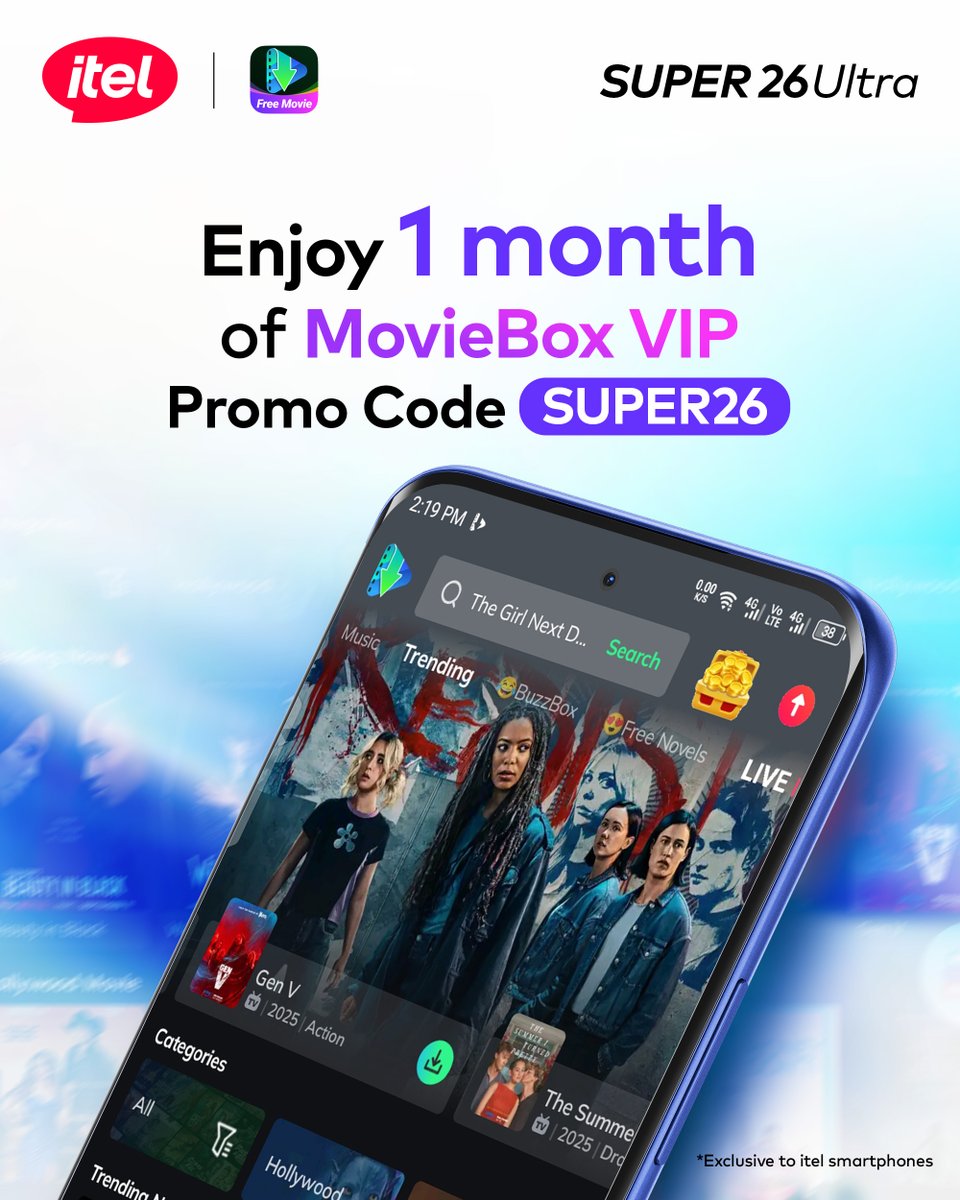 itelNigeria's tweet photo. Your favourite movies in your pocket!🎬

Get 1 month of MovieBox VIP FREE when you get the itel SUPER 26 Ultra!

Stream the latest hits on the go with promo code SUPER26 and enjoy the ultra life all day!

Order NOW. https://t.co/Jvm5iyfHtU