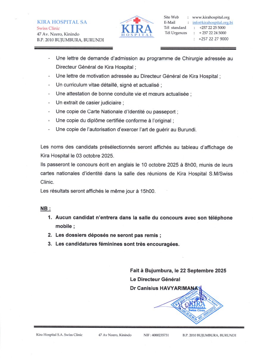 kiraswissclinic's tweet photo. Dans le cadre de la collaboration entre KIRA HOSPITAL et COSECSA, KIRA HOSPITAL S.A/SWISS CLINIC désire recruter deux médecins généralistes remplissant les conditions exigées;
Pour plus de détails, nous vous prions de lire l'appel à candidature.
#KiraHospital
#cosesca https://t.co/3vZoMORKwi