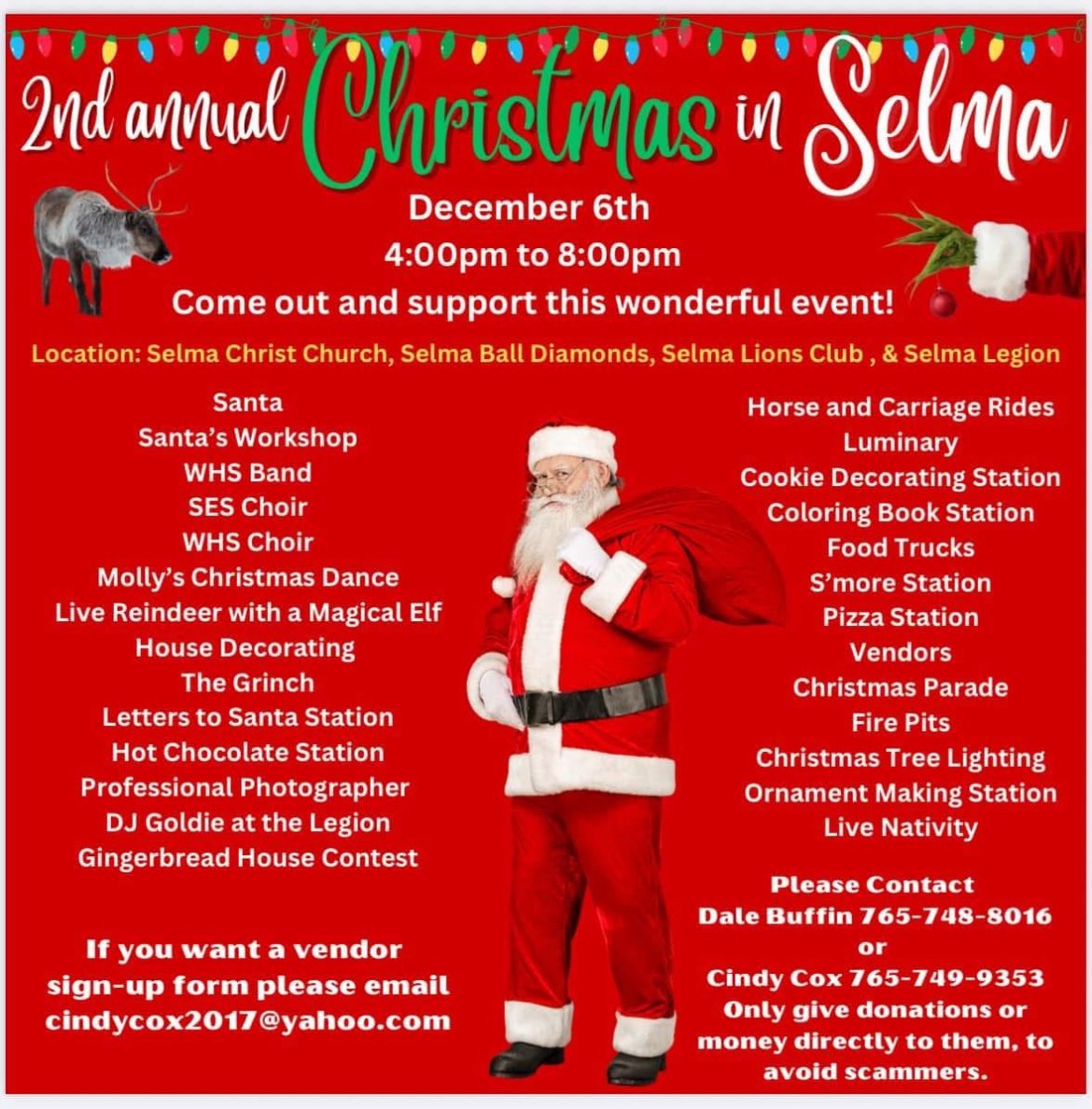 Good Morning! We want to do our part to promote the 2nd Annual Christmas in Selma Celebration! Come on out to Selma Elementary this Friday Night from 5 to 7 pm for a Chicken Noodle Dinner fundraiser. Cost is $10 (CASH ONLY) and all proceeds will go to the Christmas in Selma event