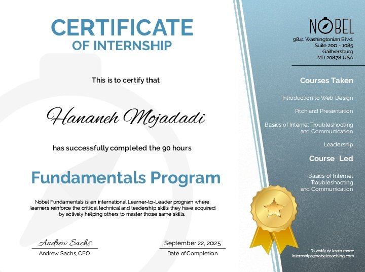 HananehM35240's tweet image. Completed the 90-hour Fundamentals Program with Nobel boosted skills in Web Design, Communication, Leadership, internet troubleshooting &amp;amp; even led a course! 🚀

#Leadership #Growth #learningtoearning