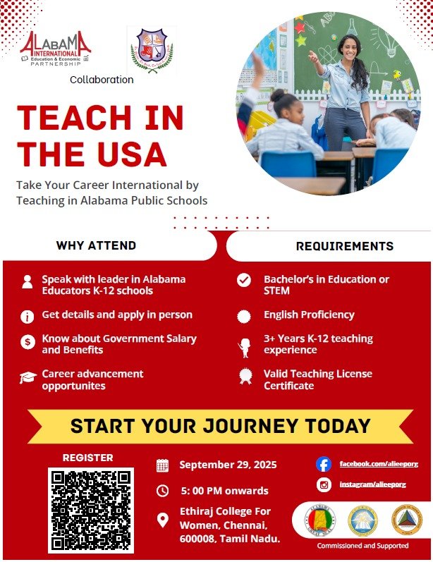 🌍 Ethiraj College, in collaboration with ALIEEP, hosts “Teach in the USA – Career Opportunities in Alabama Public Schools” on Sept 29, 5 PM. Explore global teaching, exchange programs &amp; careers. Free registration! #TeachInTheUSA #GlobalConnect
@mike_Vmm