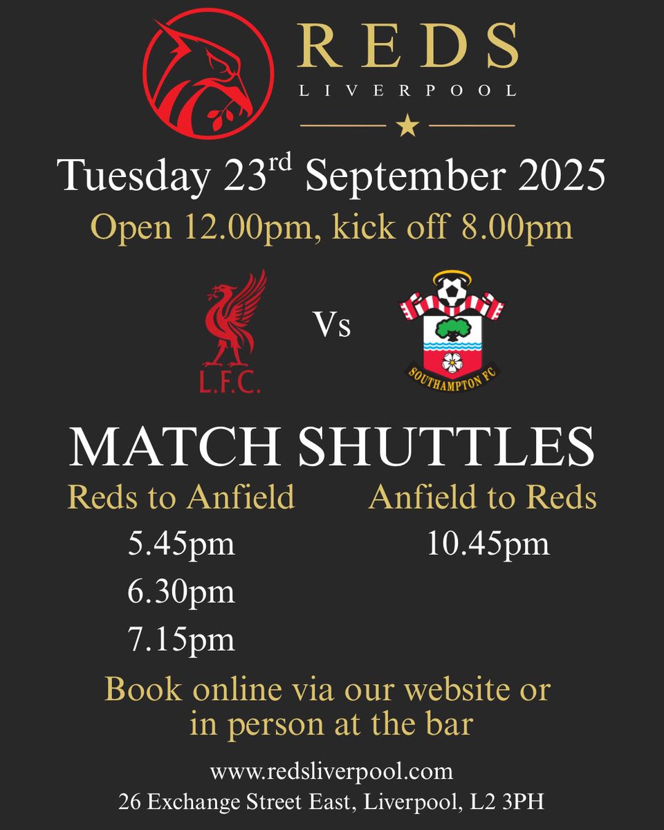 Tuesday at Reds

Open at 12.00pm, <a href="/andyhodgson110/">Andy Hodgson</a> live at 4.00pm, match shuttles running (link in bio) to Anfield &amp; back, match on live at 8.00pm

Food served until 9.00pm