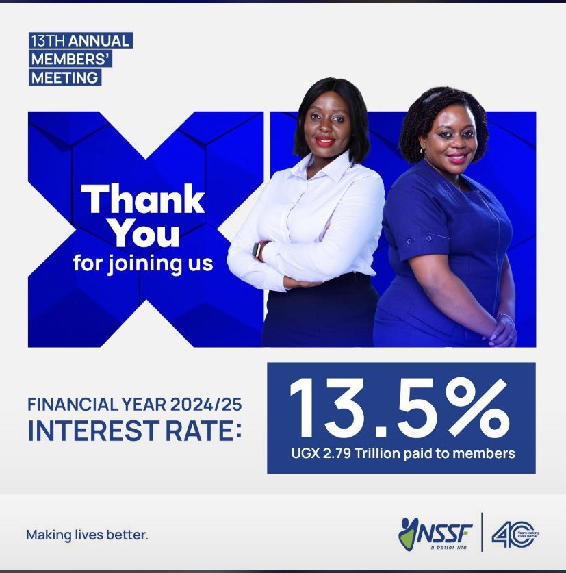 EmmyKamya's tweet photo. Today I attended the @nssfug National Social Security Fund 13th annual members’ meeting at the Serena Kampala hotel. 

An interest rate of 13.5% was declared for financial year 2024/25. 
It’s such a big growing fund, trusted and safe with high speed innovations. https://t.co/93ApwFtN9i