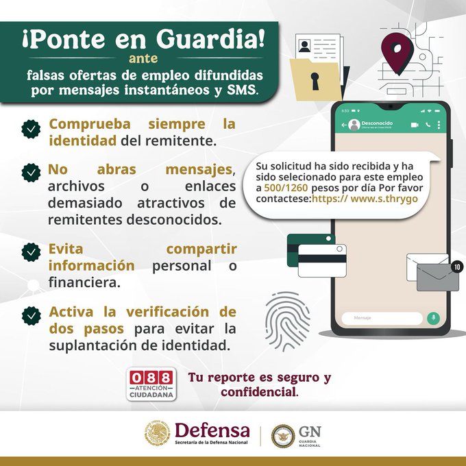 La #GuardiaNacional te invita a considerar las siguientes recomendaciones para prevenir ser víctima de fraudes ante falsas ofertas de empleo en internet. #PorUnMéxicoContraElCiberfraude