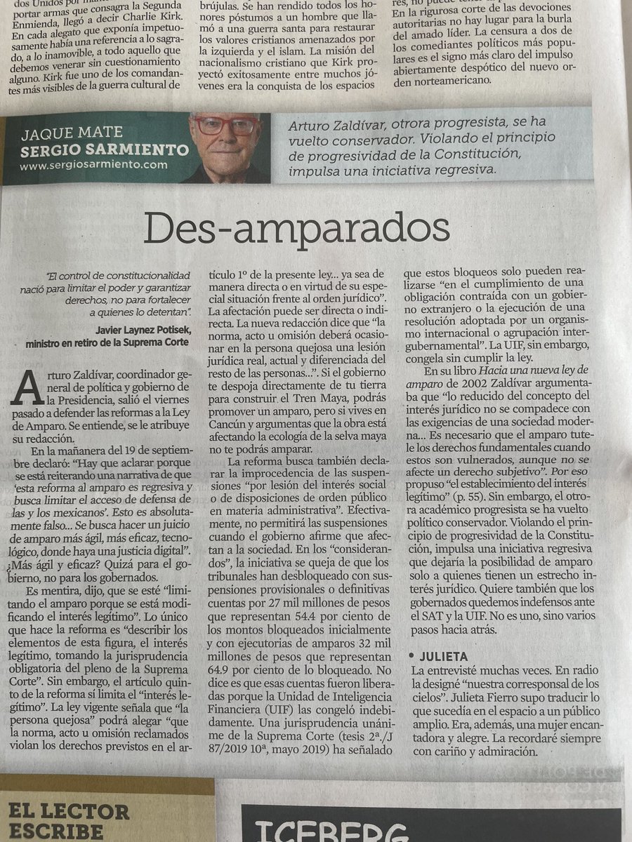 Le indignó a <a href="/ArturoZaldivarL/">Arturo Zaldívar</a> la columna de <a href="/SergioSarmiento/">Sergio Sarmiento</a>, pero éste le demuestra con 🍐🍐y🍎🍎 que su contrarreforma en materia de amparo es regresiva y conservadora.

Léanla👇

Des-amparados

“No es uno, sino varios pasos hacia atrás”