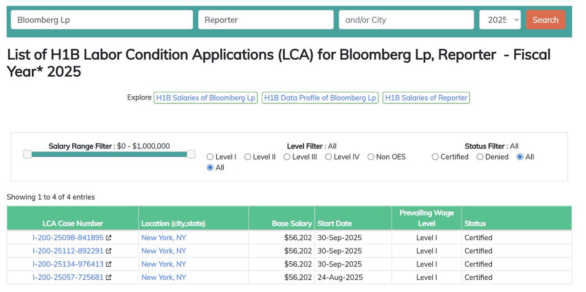 JBlunt1018's tweet photo. Bloomberg running hit jobs on H-1B visas while filing their own H-1B LCAs for $56k/year reporters is peak comedy. https://t.co/en1OkGfjwv