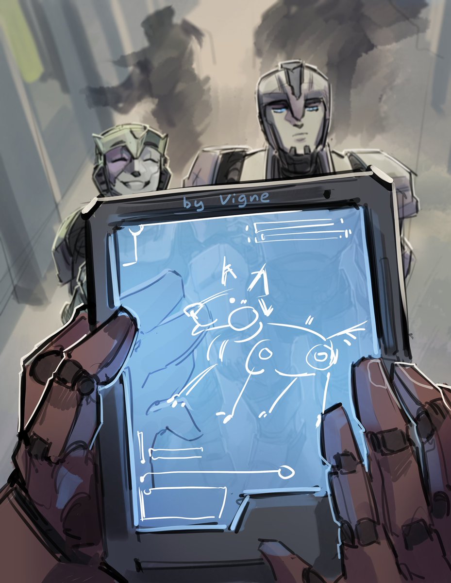 A commissioned illustration for a future fanfiction chapter. THEY ARE SO CUTE, OH MY GOD 🤍🤍🤍

#Transformers #Commission #MTMTE #by_Vigne