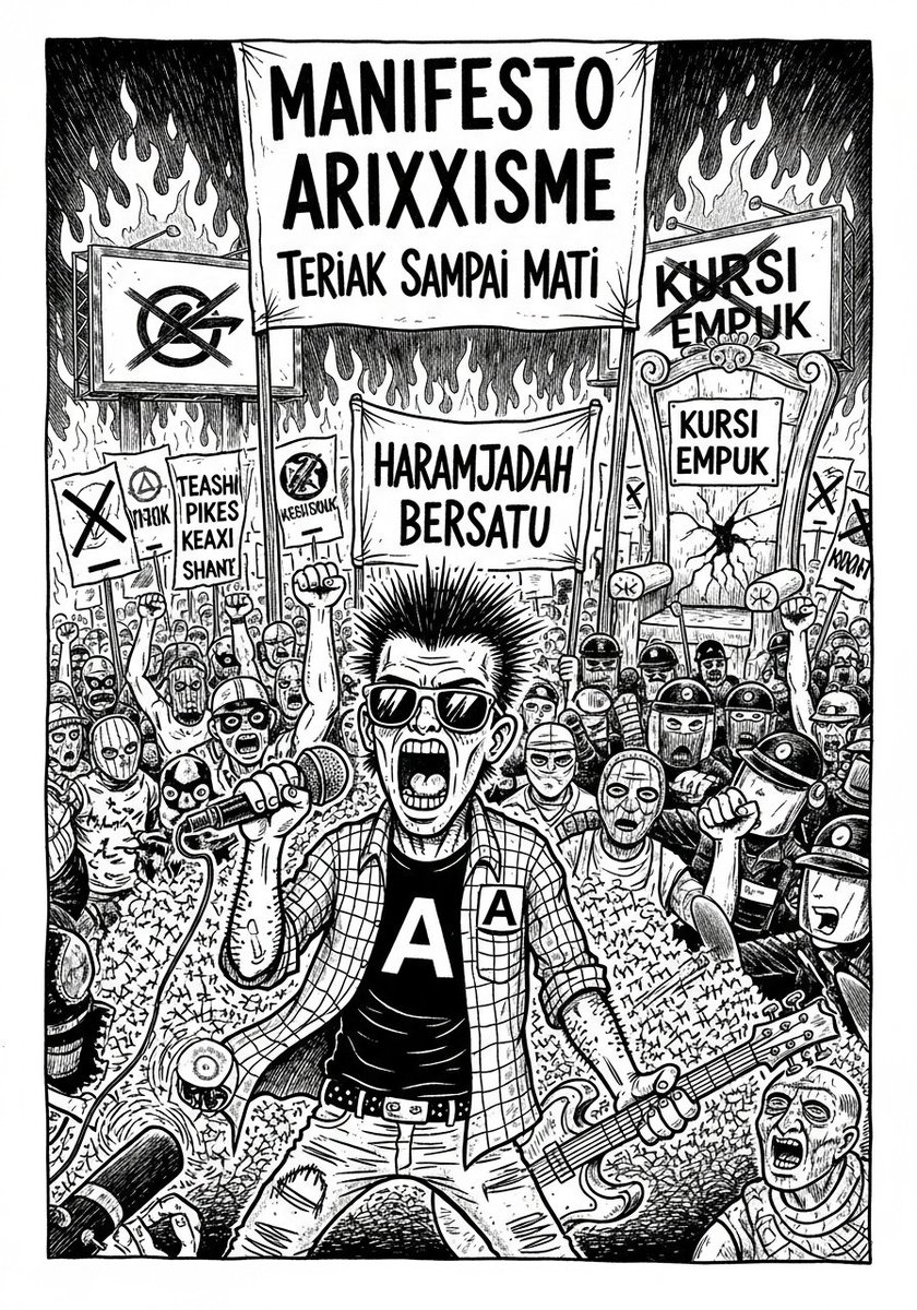 arixxworld's tweet photo. Kami bukan logo.
Kami bukan playlist.
Kami bukan dekorasi kapitalisme.
Kami Haramjadah.
Kami noise.
Kami tawa nakal.
Kami peluru.
Selama kursi empuk masih berdiri,
perut rakyat masih kosong,
dan moral palsu dijual—

Full audio : https://t.co/SD8cw1aEm2 https://t.co/huuP6ZHfOe