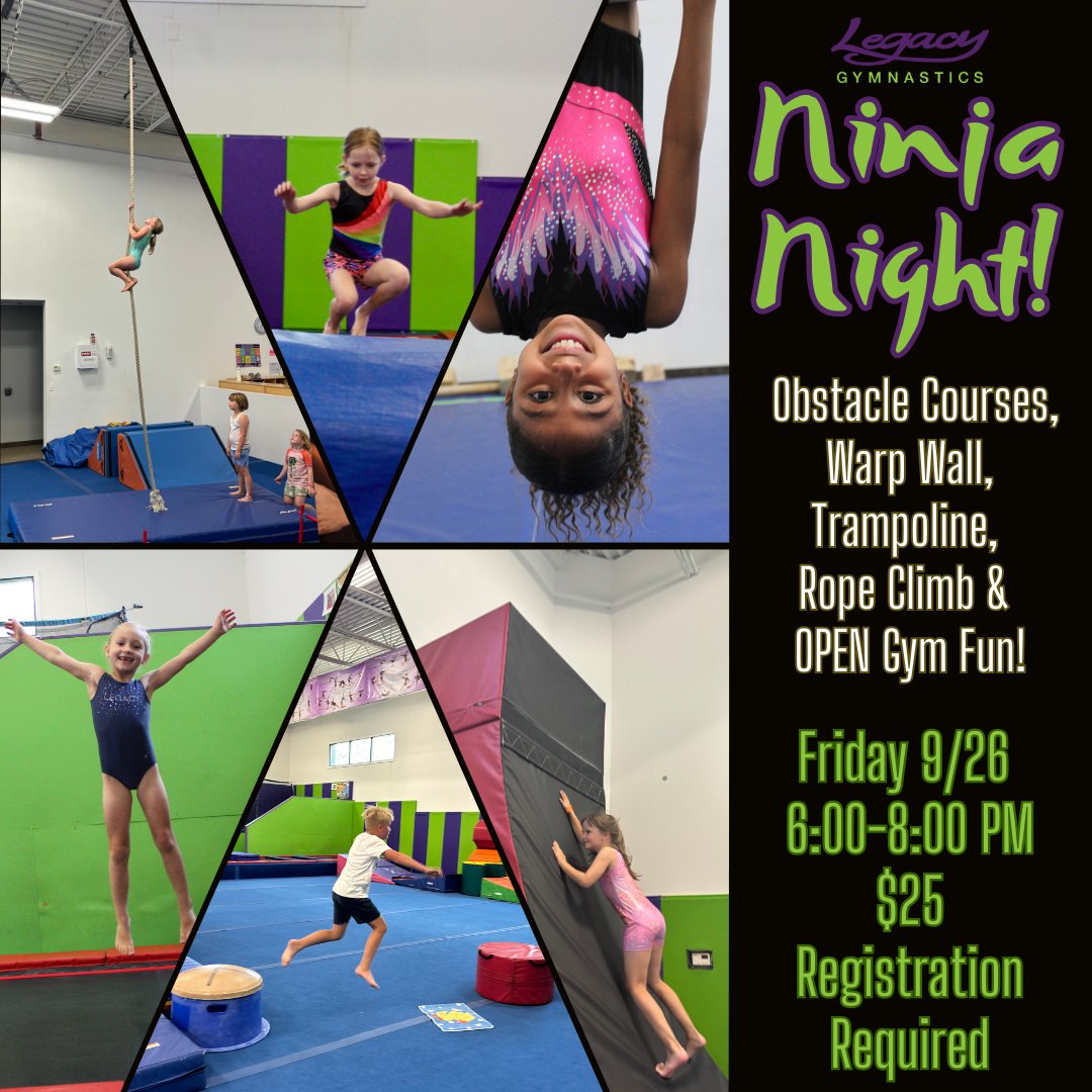 Legacy_Gym's tweet photo. Join us this Friday night from 6-8pm for Ninja Fun &amp; free time in the rec gym! 
Pre-registration is required - Ages 5+ - $25
https://t.co/MfGpzWt6gx
952-746-8183
#gymlegacy #legacygymnastics #gymnasticsfun https://t.co/0dzWoGcvsG