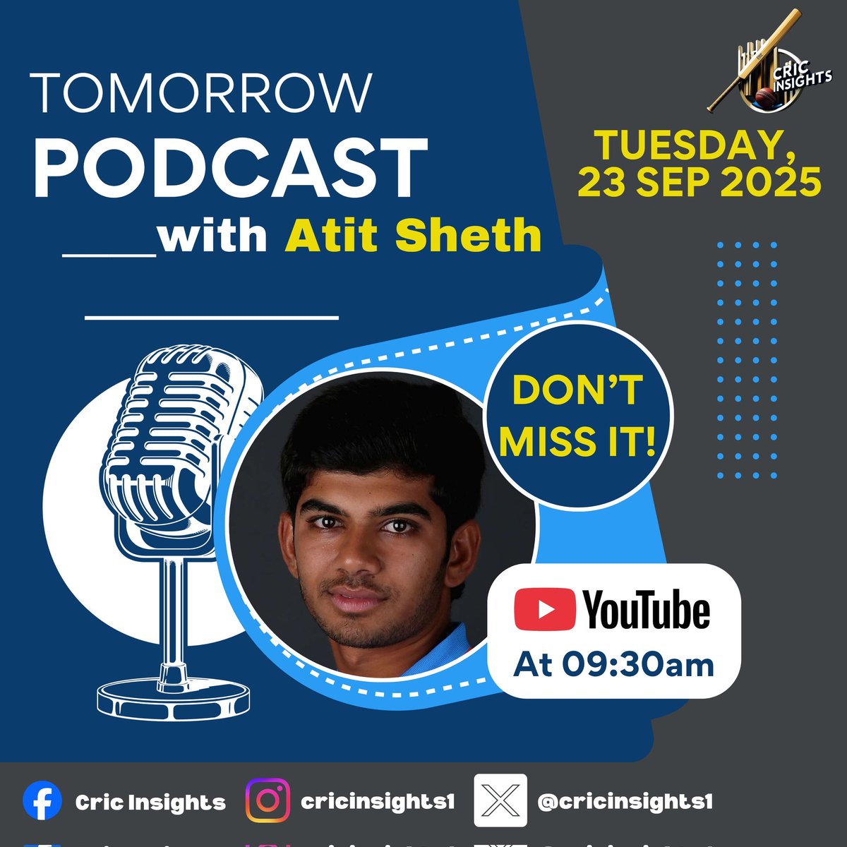 cricinsights1's tweet photo. Next Hardik is on our channel!🔥
Don't miss our latest podcast! 🎙️
We're stumped by Atit Sheth' s insights!
🤯
Catch the conversation on our YouTube channel tomorrow at 9:30 AM! ⏰📺 https://t.co/vuUEkoexGd
#AtitSheth #Cricket #Podcast #Allrounder #DomesticCricket https://t.co/FyYa02vIqR