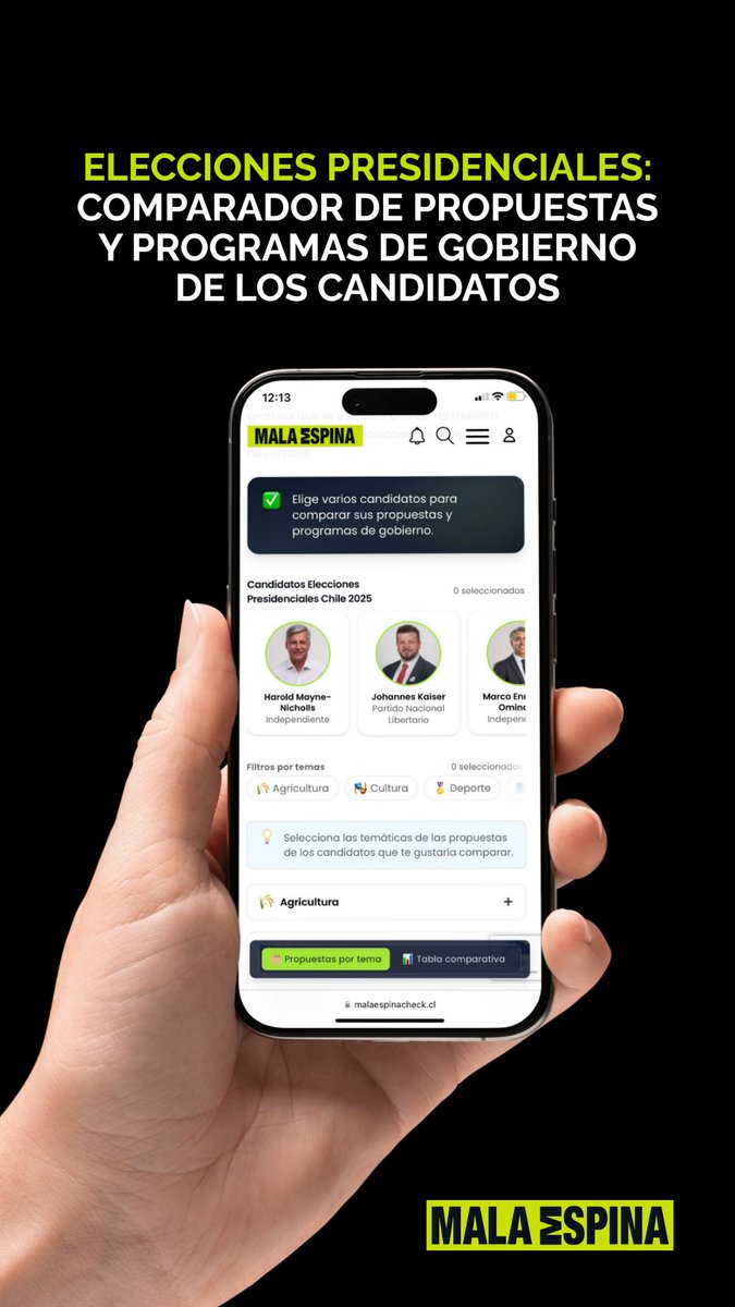 💡 En Mala Espina seguimos respondiendo a la demanda informativa por las Elecciones Presidenciales.

Por eso lanzamos una nueva herramienta, el comparador de programas presidenciales, que permite revisar y contrastar las propuestas de los candidatos en temas clave.

👉 Accede al