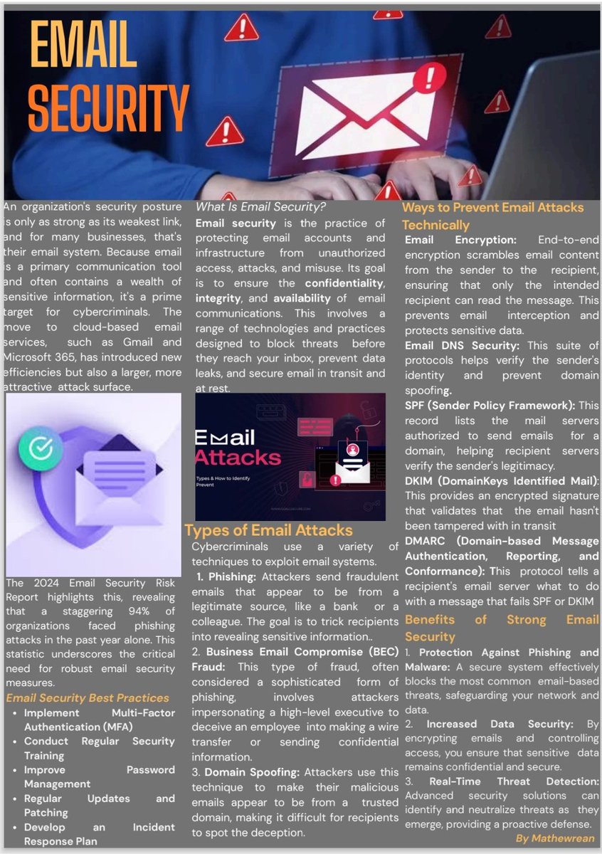 📧 Weekly Read: Email Security Demystified!

Did you know 94% of organizations faced phishing attacks last year? 

Learn how to protect your inbox from cyber threats, spot scams, and secure your communication.  

🔐 Stay informed. Stay protected.  

#CyberSecurity #EmailSecurity