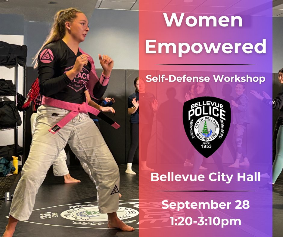 BvuePD's tweet image. Participants in this week's Women Empowered Self-Defense Workshop will learn how to use rear-choke defense techniques.
Friendly reminder: Space for this acclaimed class is very limited. Make sure to email chanaumi@bellevuewa.gov to get your spot.