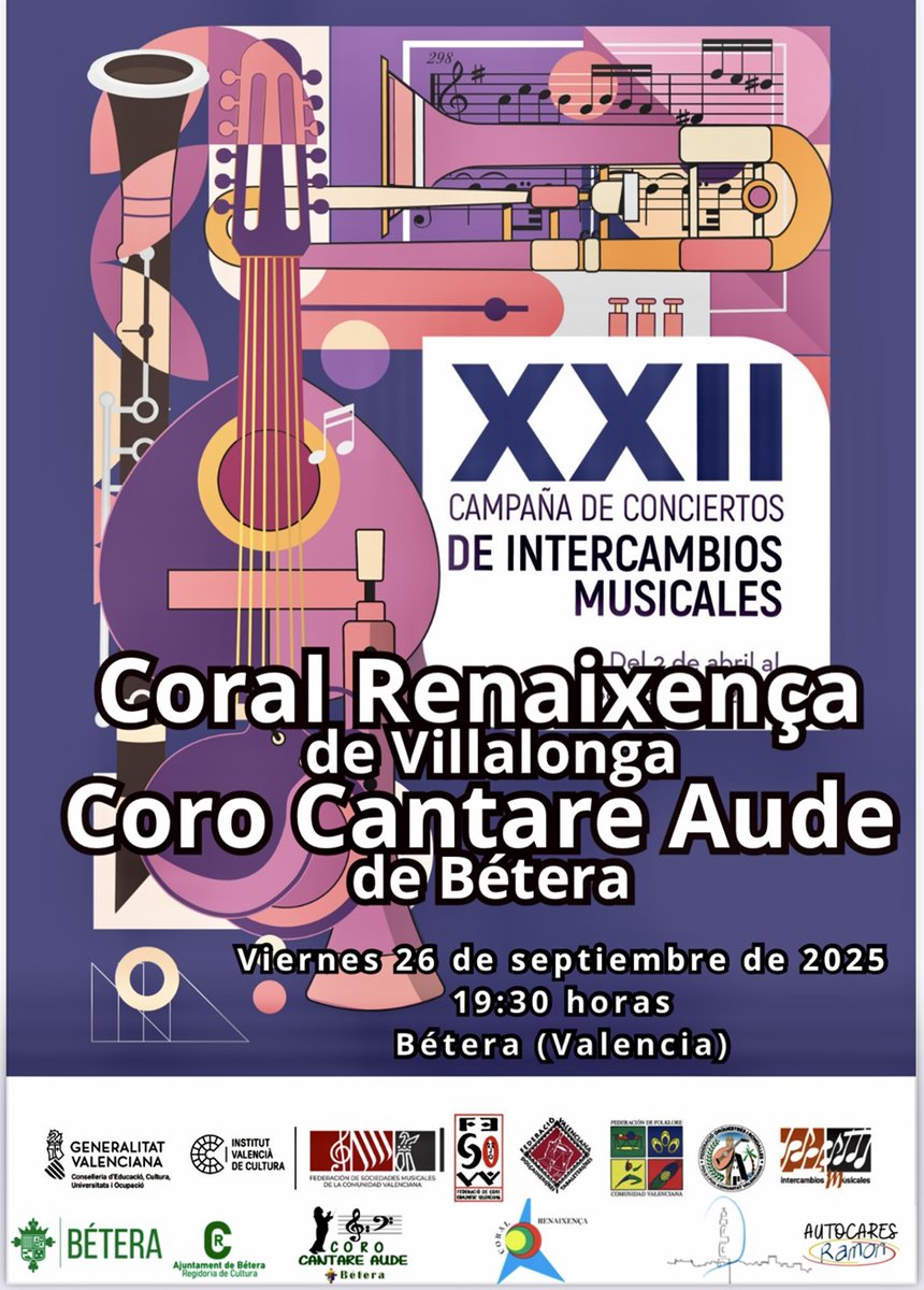 El viernes 26 de septiembre a las 19:30h, en los Jardines de Casa Nebot de Bétera, el Coro Cantare Aude con la Coral Renaixença de Villalonga, ofreceremos un concierto enmarcado en la XXII Campaña de Intercambios musicales.
La entrada es libre. Os esperamos.