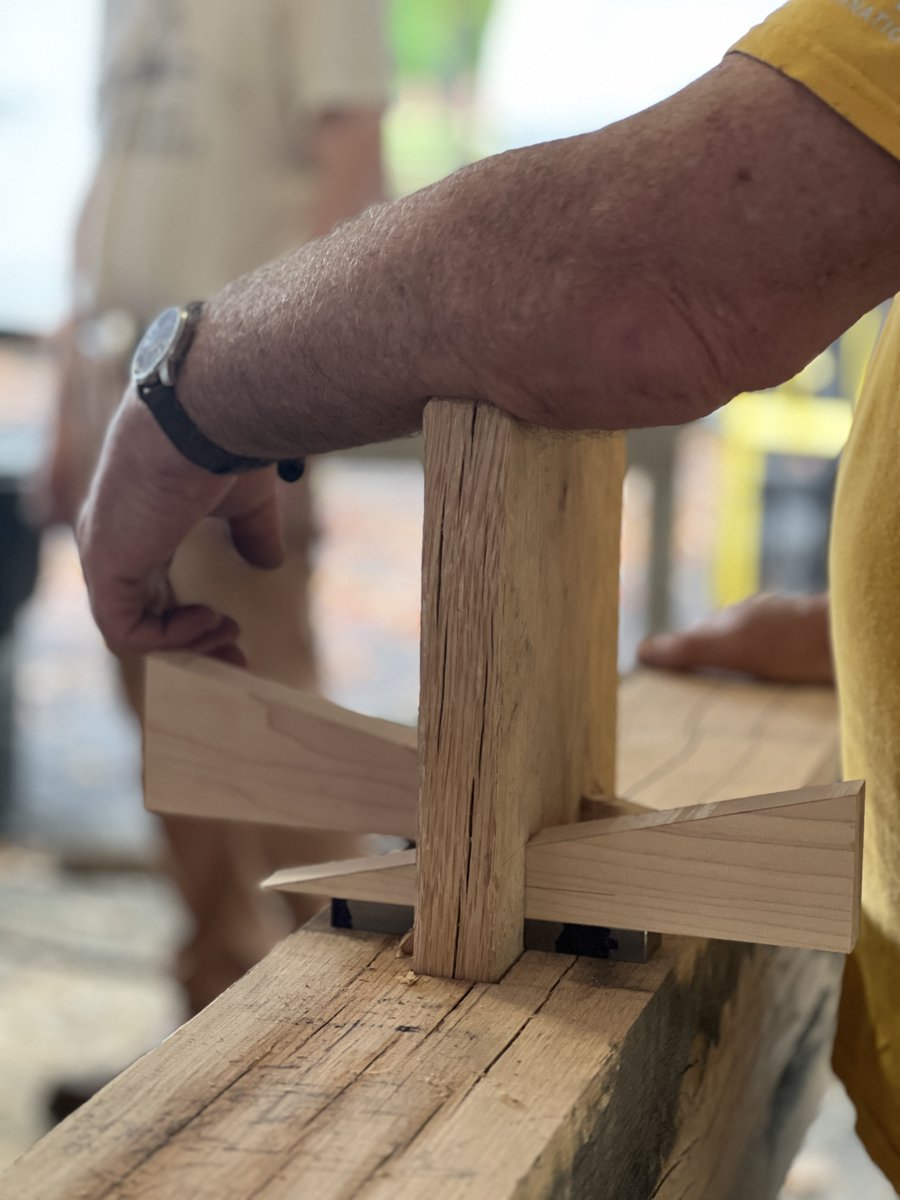 SamBWoodShop's tweet photo. We are grateful to Joe Miller of Fire Tower for sharing his expertise with our students. Students designed and built timber frame joinery pieces. They then bust 💥 them apart using a hydraulic load frame to test strength and capacity. @mihpn https://t.co/GM6xsZA0BA