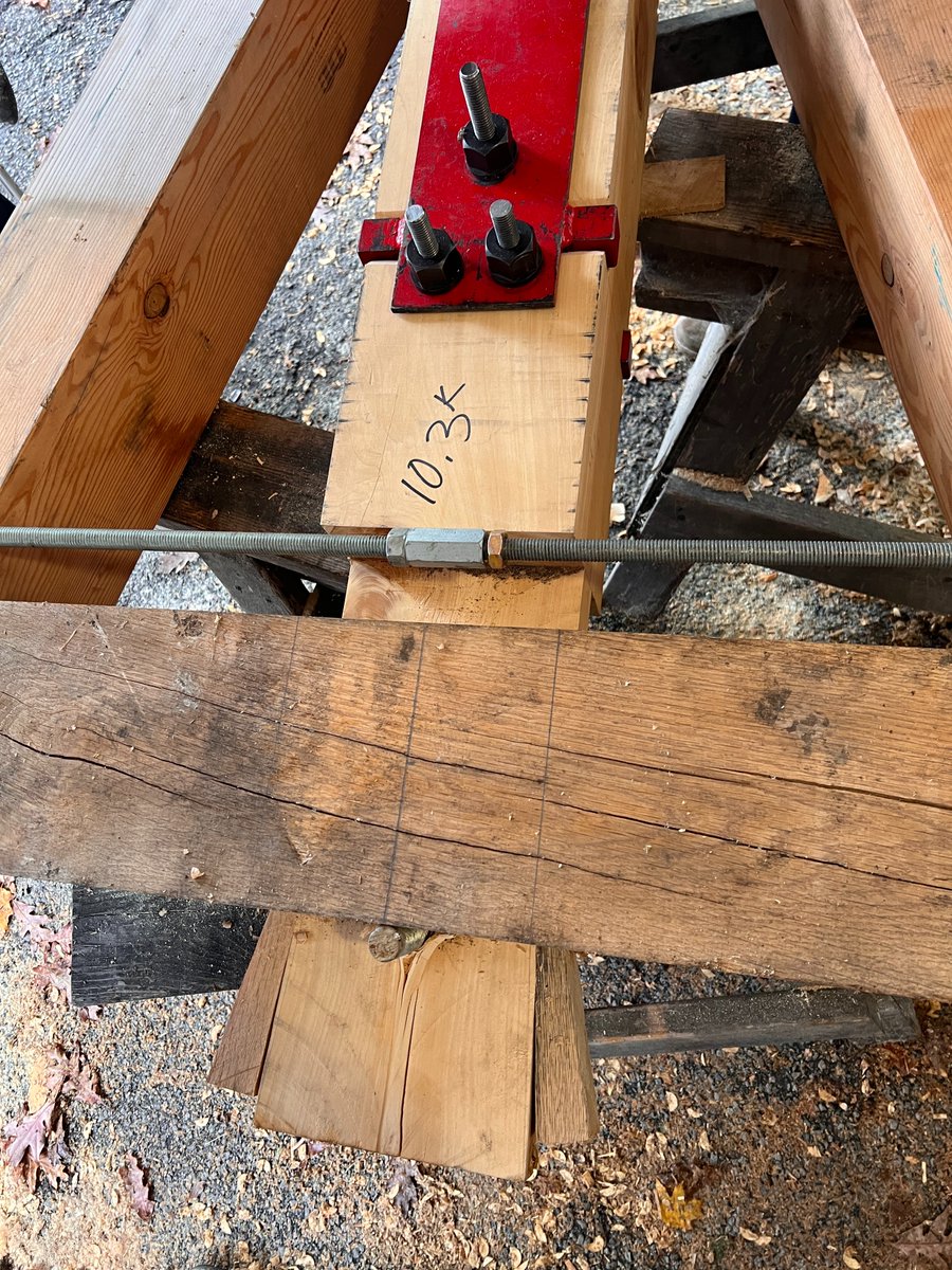 SamBWoodShop's tweet photo. We are grateful to Joe Miller of Fire Tower for sharing his expertise with our students. Students designed and built timber frame joinery pieces. They then bust 💥 them apart using a hydraulic load frame to test strength and capacity. @mihpn https://t.co/GM6xsZA0BA