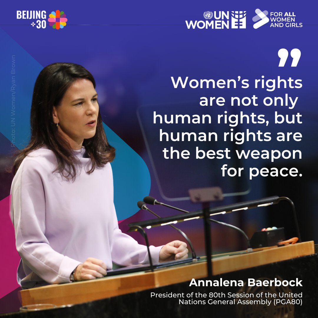 At the #UNGA High-Level Meeting on #Beijing30, <a href="/UN_PGA/">Annalena Baerbock</a> Annalena Baerbock reminds us:

“Women’s rights are not only human rights, but human rights are the best weapon for peace.”

📺 Join the conversation: unwo.men/6WFj50X0inV

#ForAllWomenAndGirls