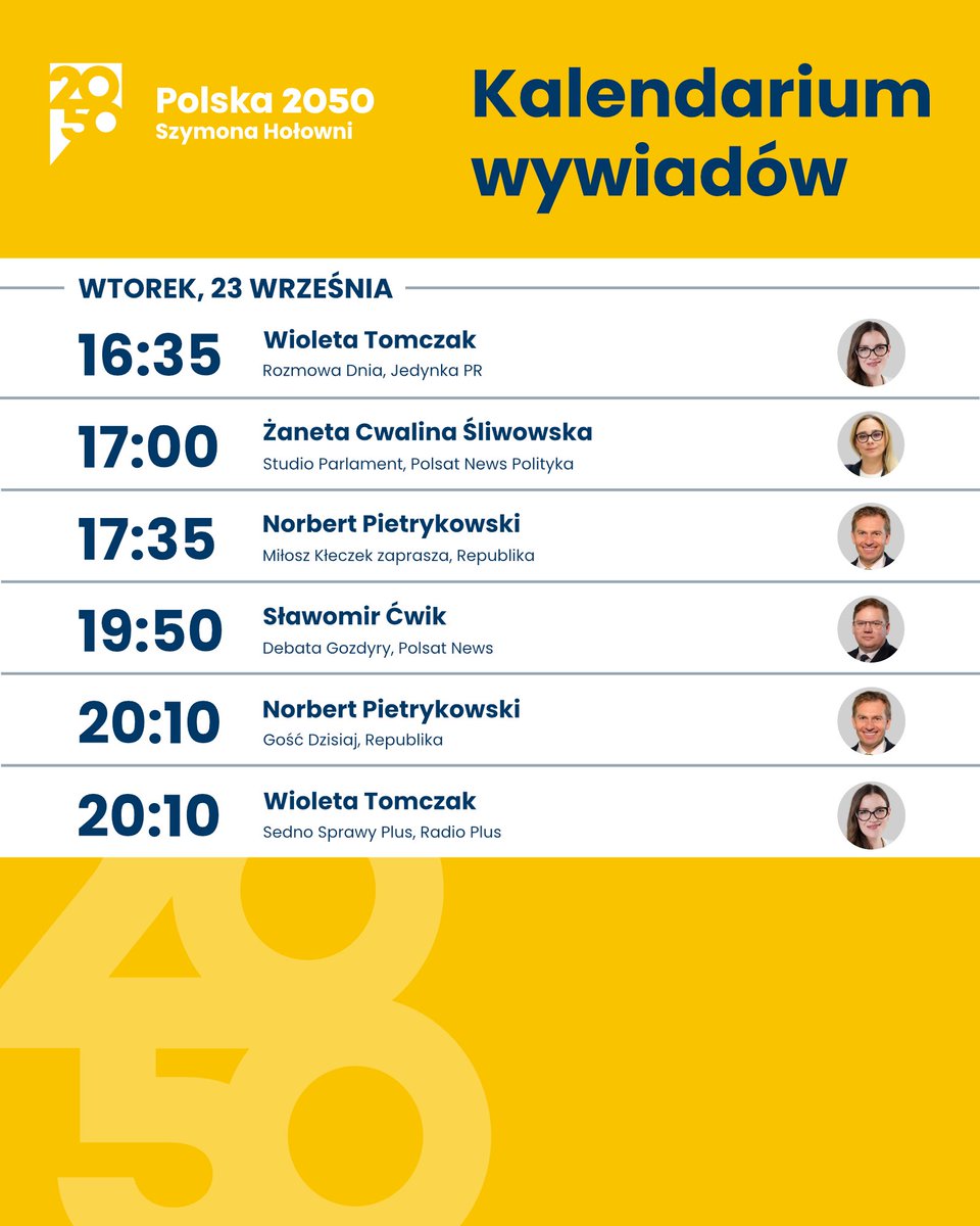 Polska 2050 (@pl_2050) on Twitter photo Jutro w mediach (23.09):
07:45 - <a href="/wirtualnapolska/">Wirtualna Polska</a> - <a href="/michalkobosko/">Michal Kobosko MEP</a>
08:00 - <a href="/onetpl/">Onet</a> <a href="/OnetRano/">Onet Rano</a> - <a href="/DorozalaMikolaj/">Mikołaj Dorożała</a>
08:10 - <a href="/rdcpolskieradio/">Polskie Radio RDC</a> - <a href="/M_Baranowski/">Michał Baranowski</a>
08:15 - <a href="/tvp_info/">tvp.info 🇵🇱</a> - <a href="/S_Cwik/">Sławomir Ćwik</a>
08:35 - <a href="/wPolscepl/">wPolsce24 🇵🇱 #TuJestPolska</a> - <a href="/NPietrykowski50/">Norbert Pietrykowski</a>
09:15 - <a href="/se_pl/">Super Express</a> - <a href="/AleksandraLeo/">Aleksandra Leo</a>
16:35 - <a href="/RadiowaJedynka/">Jedynka – Program 1 Polskiego Radia</a> Jutro w mediach (23.09):
07:45 - <a href="/wirtualnapolska/">Wirtualna Polska</a> - <a href="/michalkobosko/">Michal Kobosko MEP</a>
08:00 - <a href="/onetpl/">Onet</a> <a href="/OnetRano/">Onet Rano</a> - <a href="/DorozalaMikolaj/">Mikołaj Dorożała</a>
08:10 - <a href="/rdcpolskieradio/">Polskie Radio RDC</a> - <a href="/M_Baranowski/">Michał Baranowski</a>
08:15 - <a href="/tvp_info/">tvp.info 🇵🇱</a> - <a href="/S_Cwik/">Sławomir Ćwik</a>
08:35 - <a href="/wPolscepl/">wPolsce24 🇵🇱 #TuJestPolska</a> - <a href="/NPietrykowski50/">Norbert Pietrykowski</a>
09:15 - <a href="/se_pl/">Super Express</a> - <a href="/AleksandraLeo/">Aleksandra Leo</a>
16:35 - <a href="/RadiowaJedynka/">Jedynka – Program 1 Polskiego Radia</a>