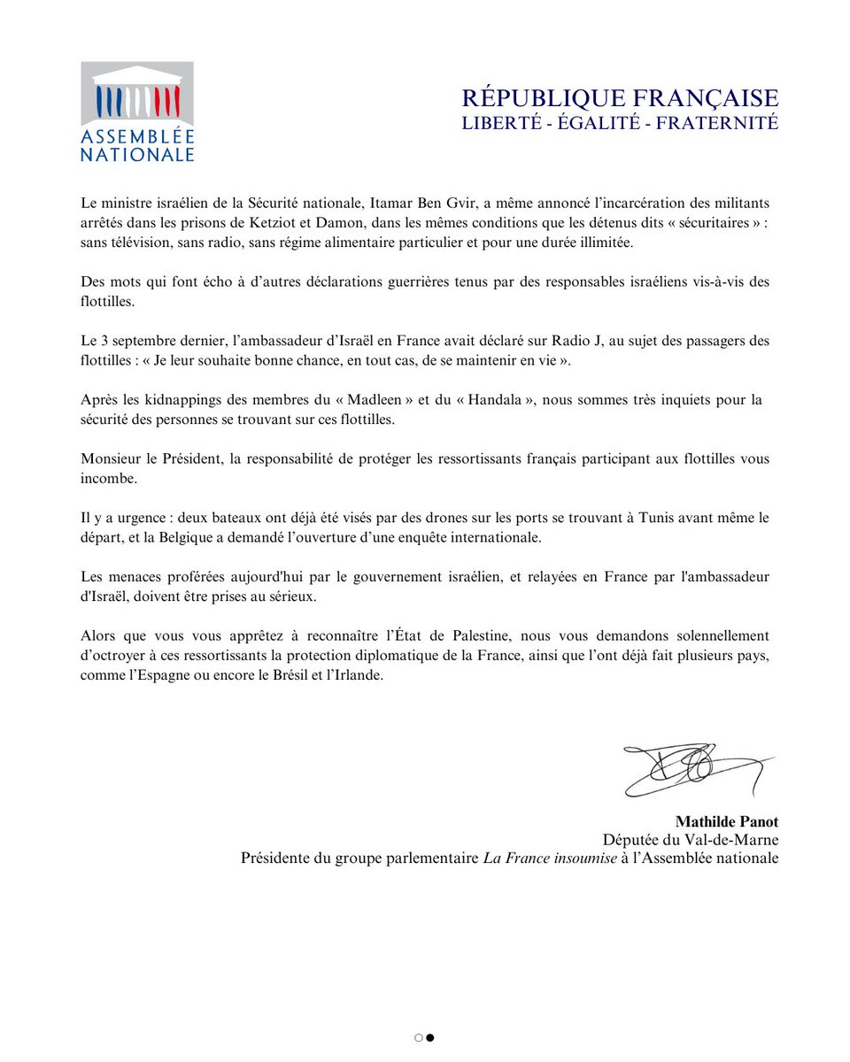 🔴📄 « Les menaces proférées par le gouvernement israélien, et relayées en France par l'ambassadeur d'Israël, doivent être prises au sérieux.

Nous vous demandons solennellement d’octroyer la protection diplomatique de la France aux ressortissants Français des flottilles