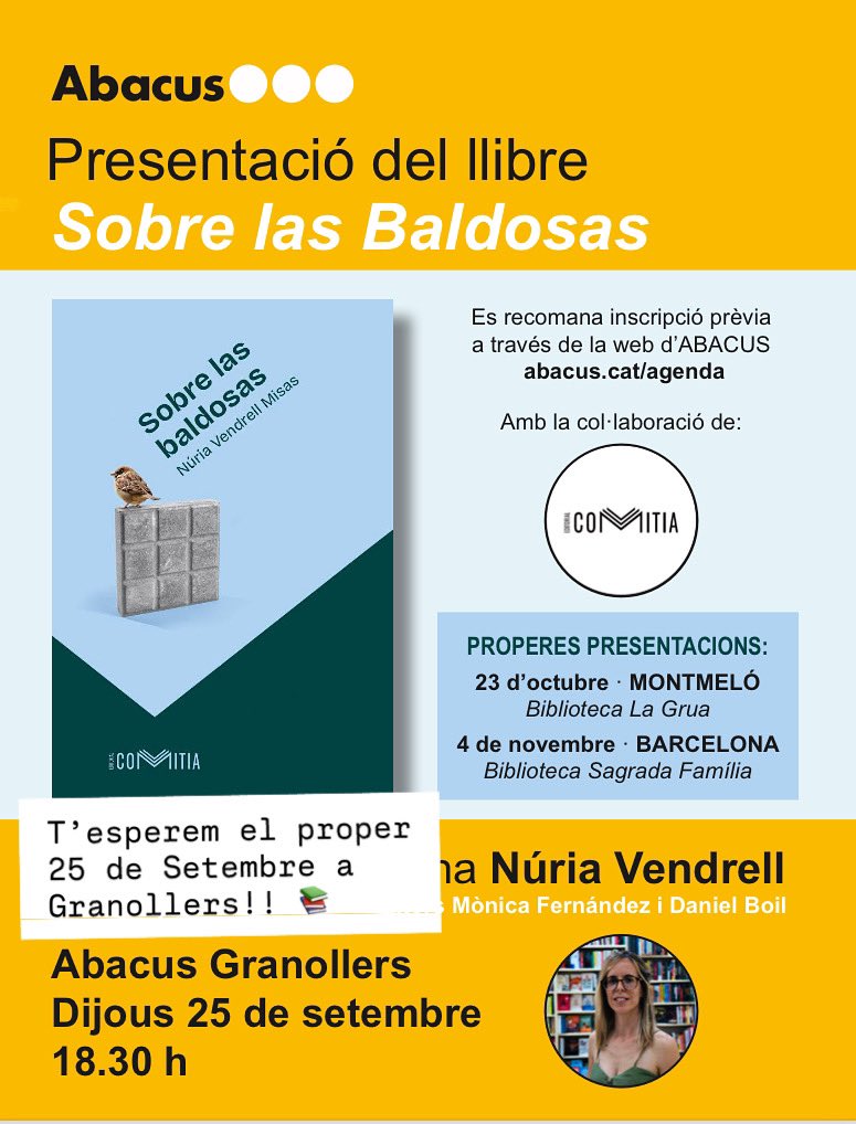 👉 El proper dia 25/9 us esperem a Abacus Granollers per la presentació del llibre de relats “Sobre las Baldosas” de <a href="/nuria_vm/">Núria Vendrell</a> . 
✍️Mes info sobre l’obra, on comprar-la, ressenyes i calendari de presentacions a nuriavendrell.es